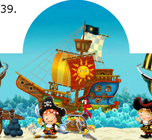 Cartoon scene of beach near the sea or ocean - pirate captains on the shore and treasure chest - pirate ships - illustration for children