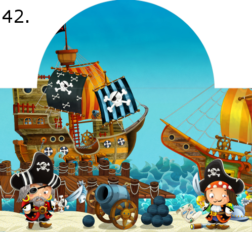 Cartoon scene of beach near the sea or ocean - pirate captains on the shore and treasure chest - pirate ships - illustration for children